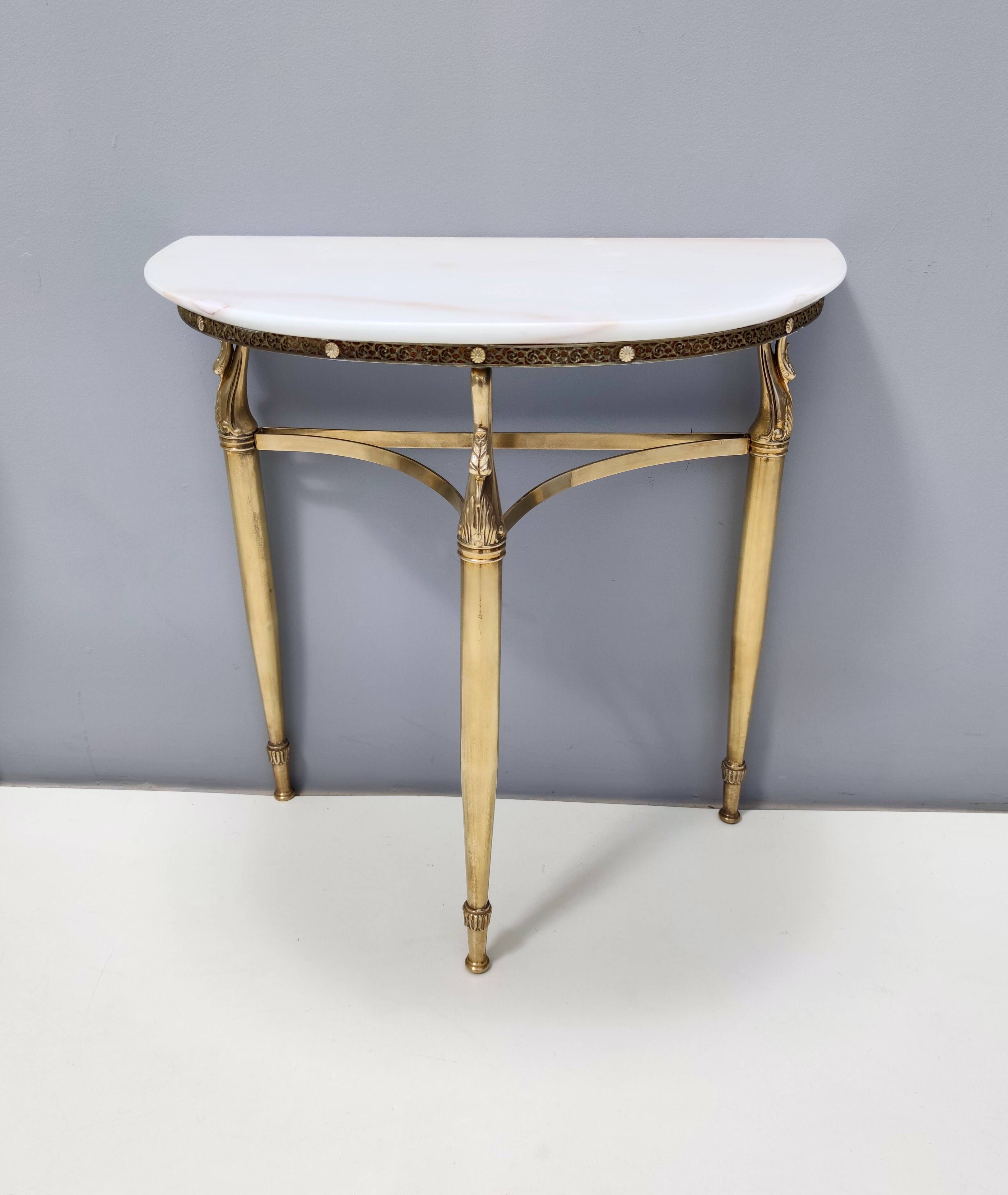 Pair of Nightstands / Console Tables with Marble Tops and Brass Legs, Italy