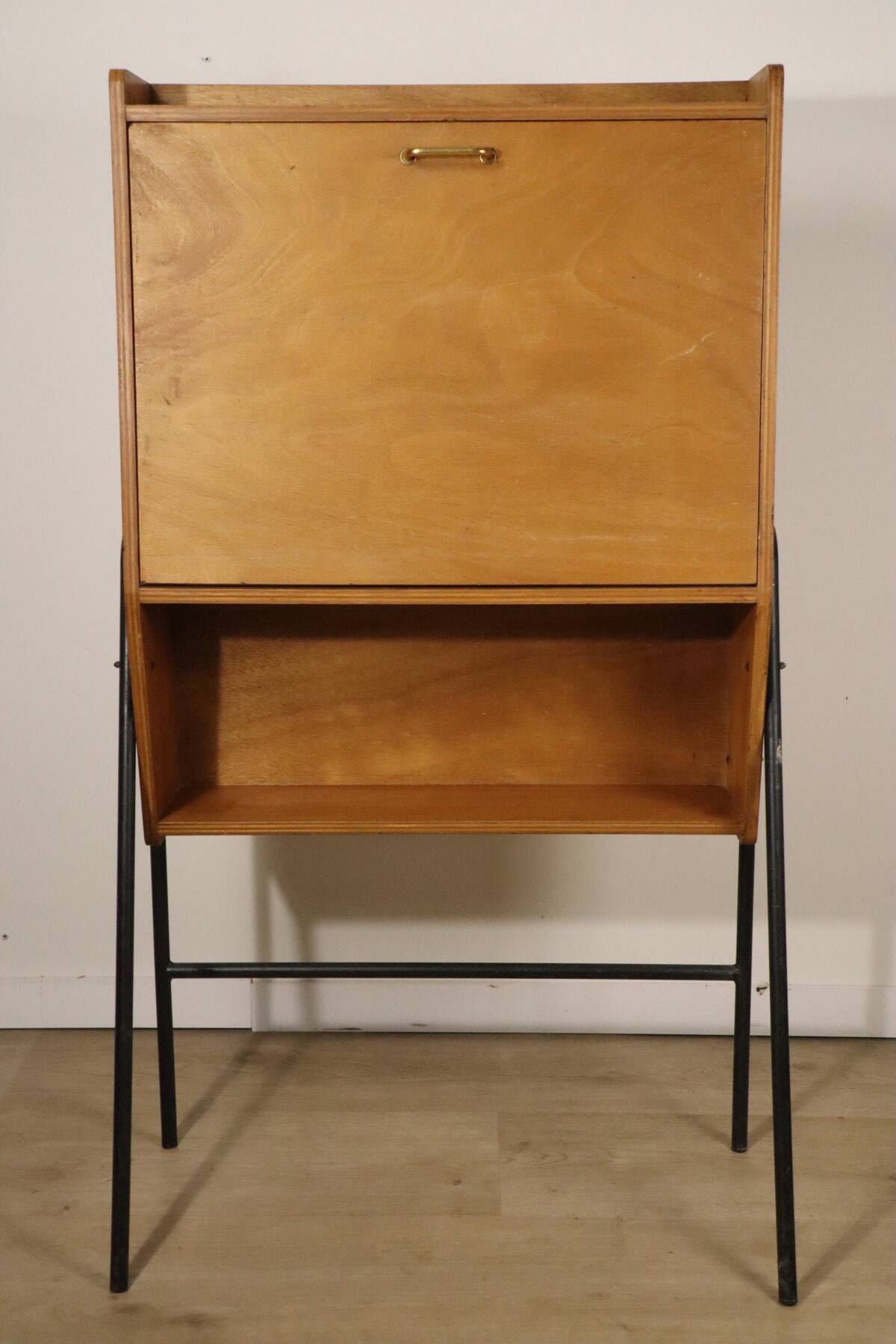Vintage 1960s wooden secretary with metal legs.