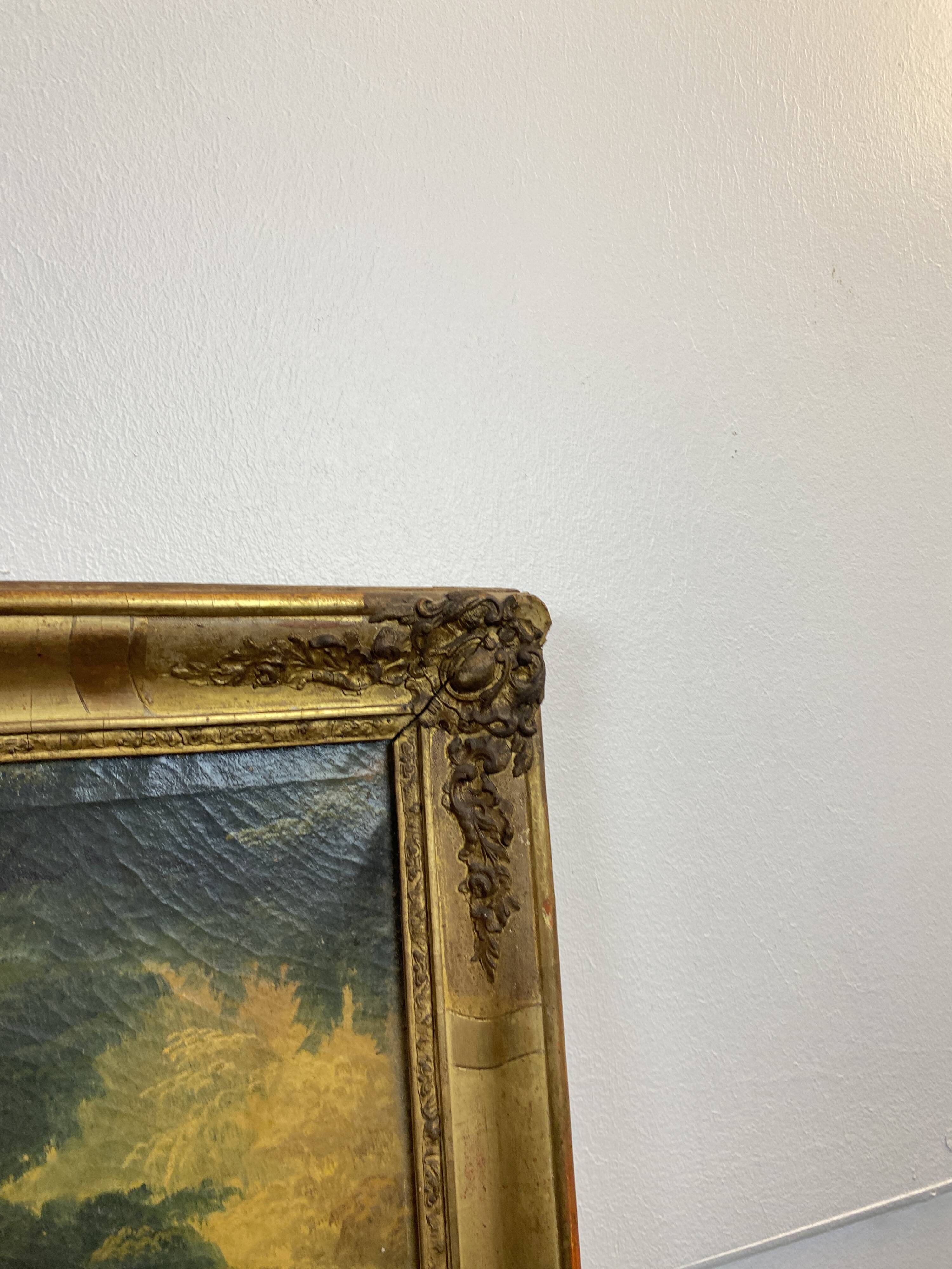 19th century gilded wooden trumeau with romantic scene - 69cm x 140cm