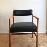 Chair in light teak and black skaï from the 1960s