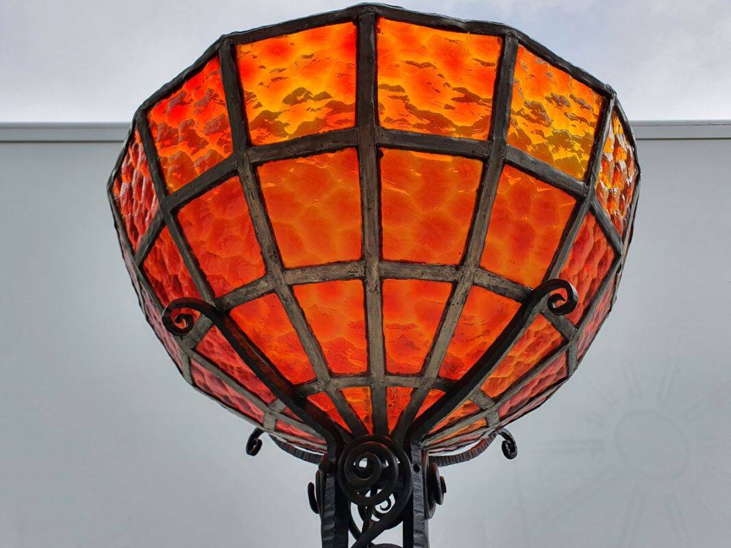 Large Art Deco Red Stained Glass Floor Lamp