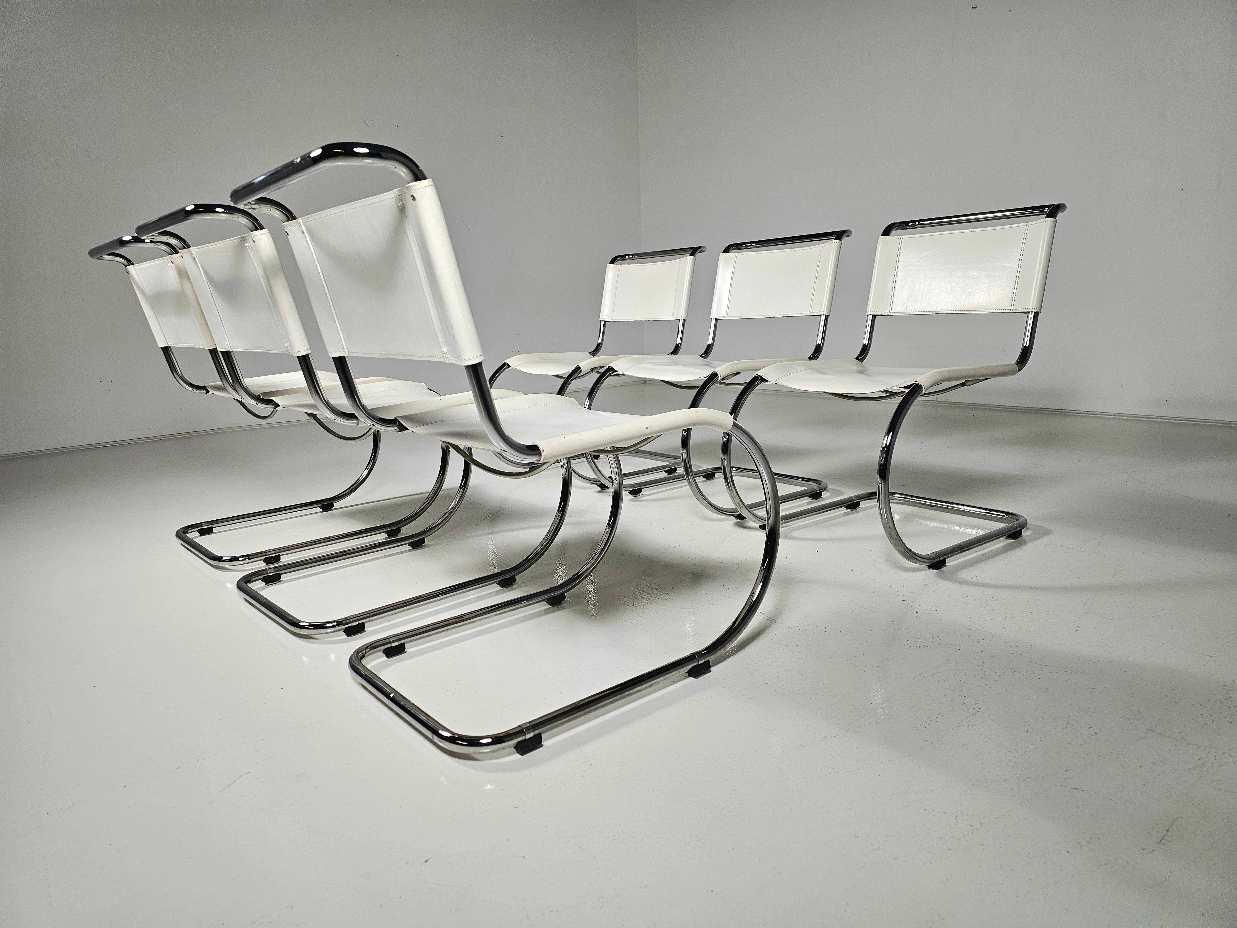 Set of 6 white cantilever dining chairs MR10 by Mies van der Rohe for Thonet, 1980s.