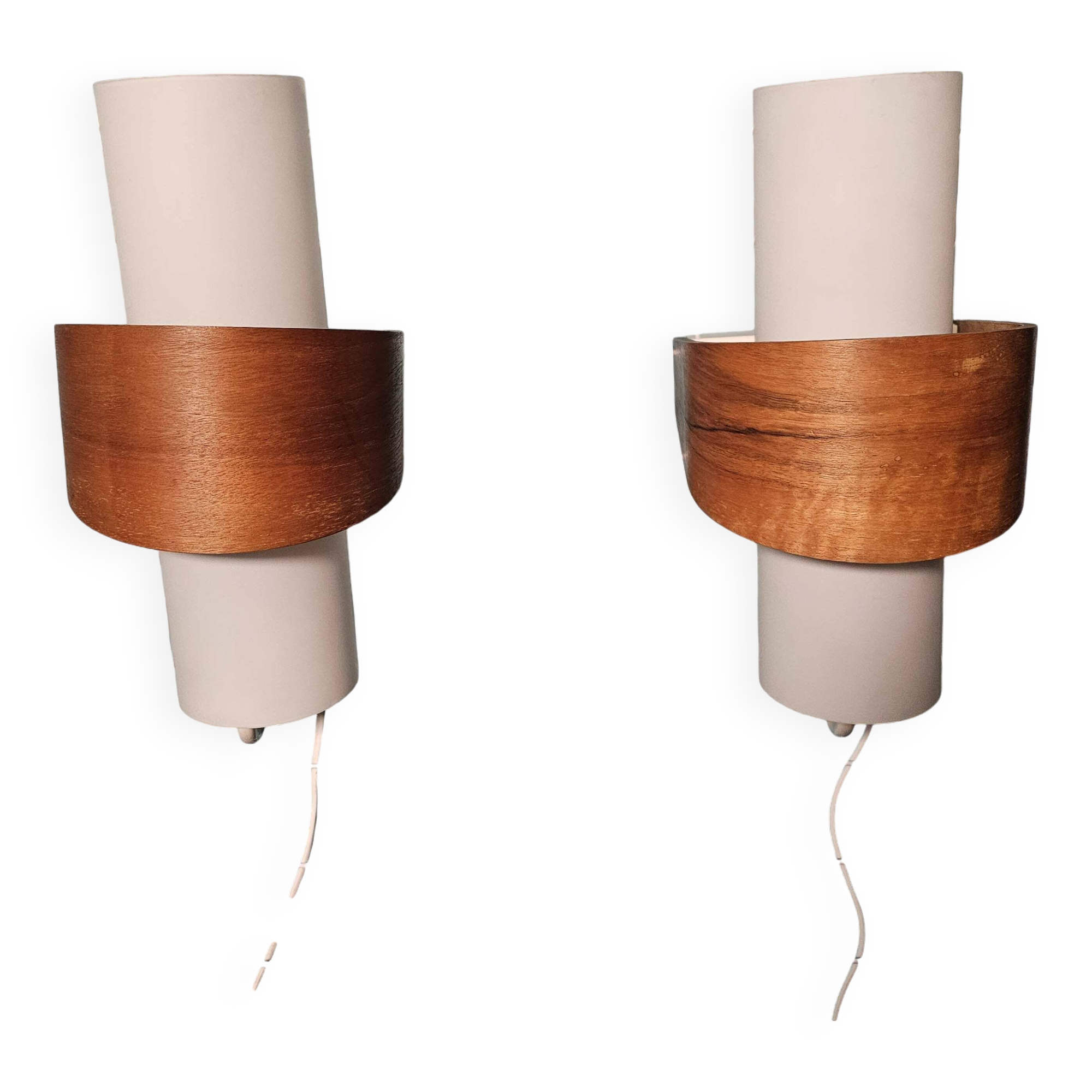 Louis kalff (1897-1976) for philips, pair of nx40 wall lights in wood, opaline glass, and lacquered metal,