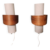 Louis kalff (1897-1976) for philips, pair of nx40 wall lights in wood, opaline glass, and lacquered metal,