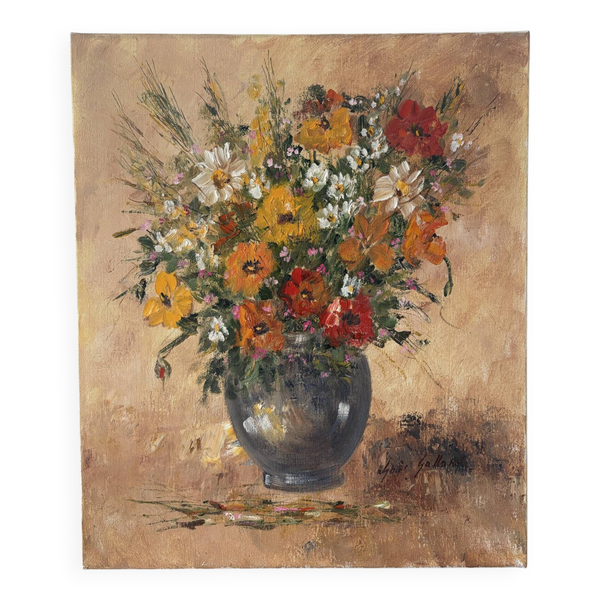 Vase of flowers, oil on canvas signed Agnès Galland