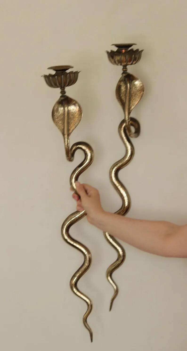 Pair of Neo-Egyptian Style Engraved Brass Wall Sconces Featuring Cobras