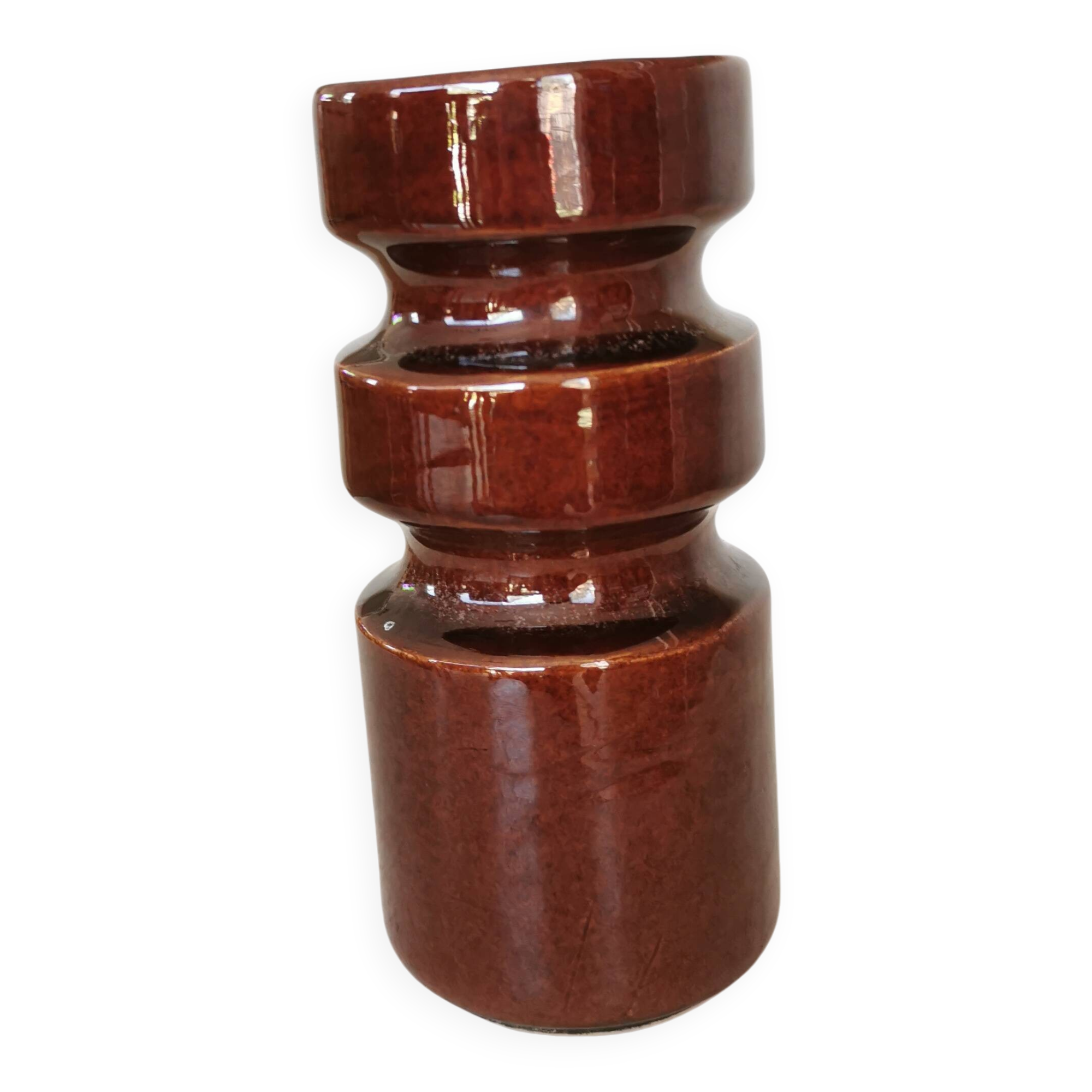 Mid-Century Modern Ceramic Vase: Glossy Brown West German Style, 6.3" Tall