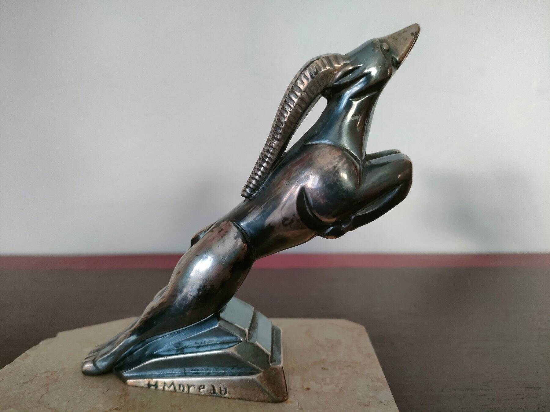 Pair of Gazelles bookends Hippolyte Moreau, signed - Spelter, marble