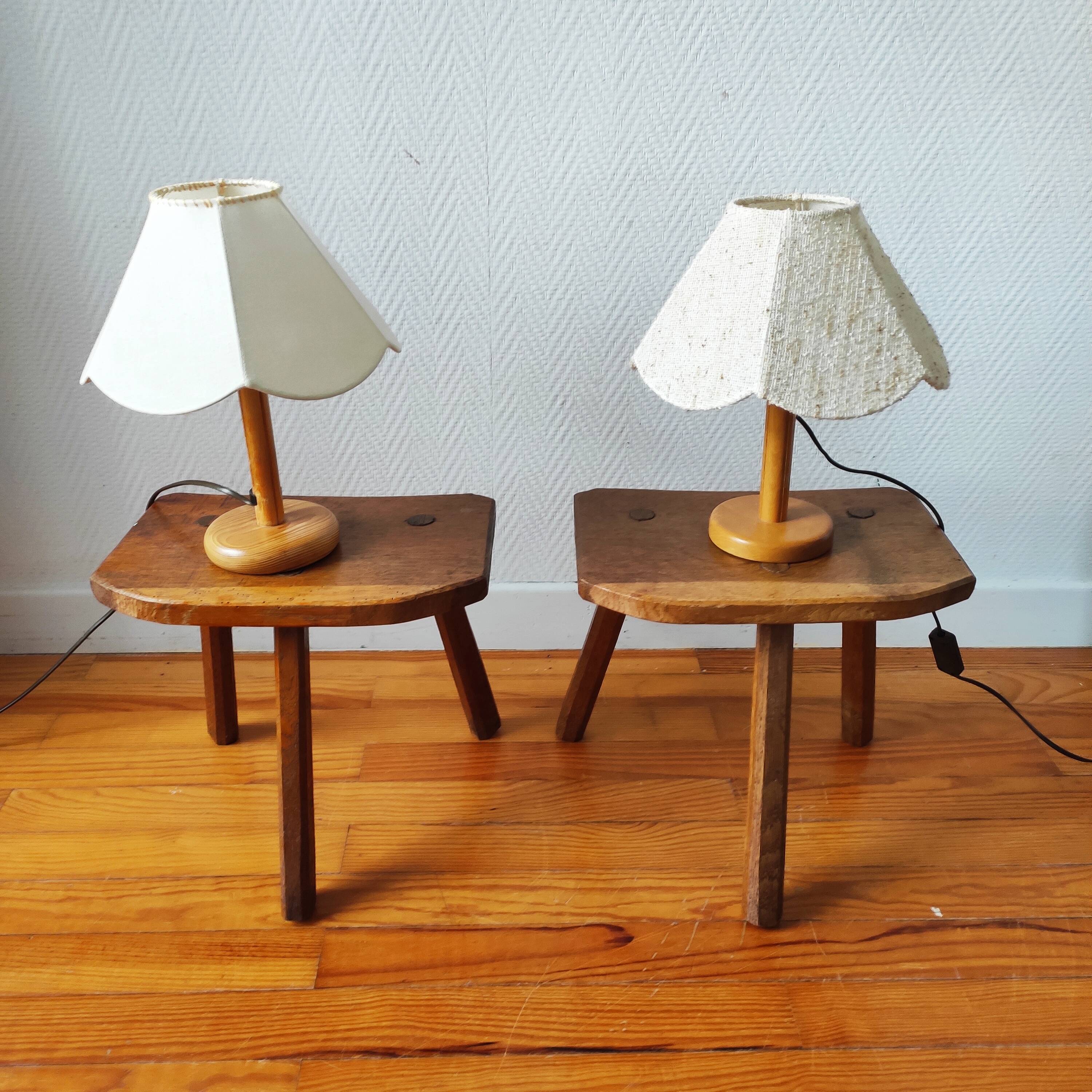 Pair of brutalist tripod stools in solid wood.