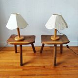 Pair of brutalist tripod stools in solid wood.