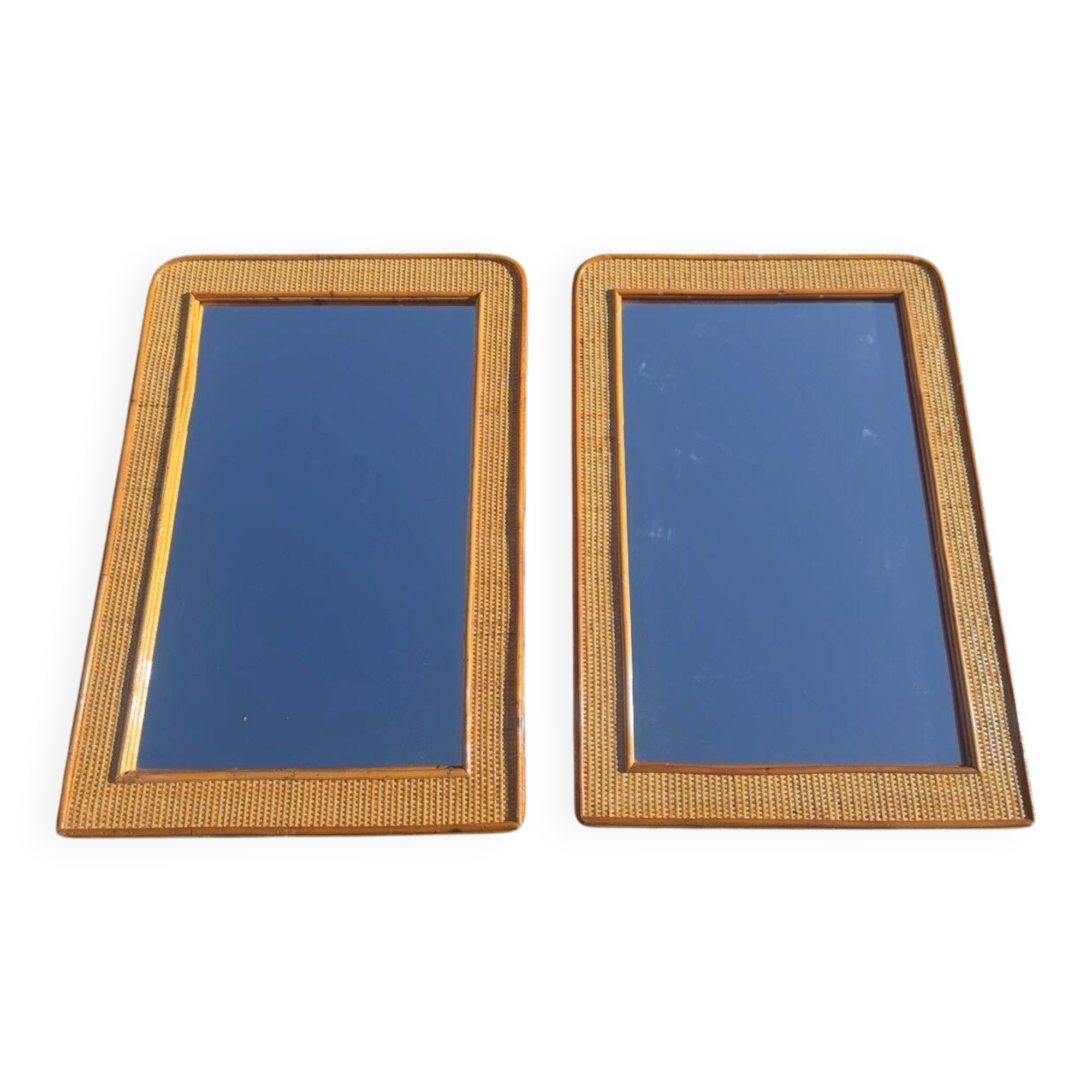 Bamboo and woven wicker mirrors in the style of Dior, 1960s-70s. Set of 2.