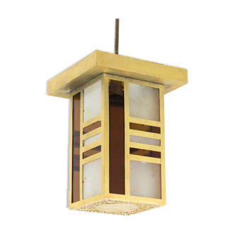 Oriental-style pendant light colored glass and gold metal, 1960s