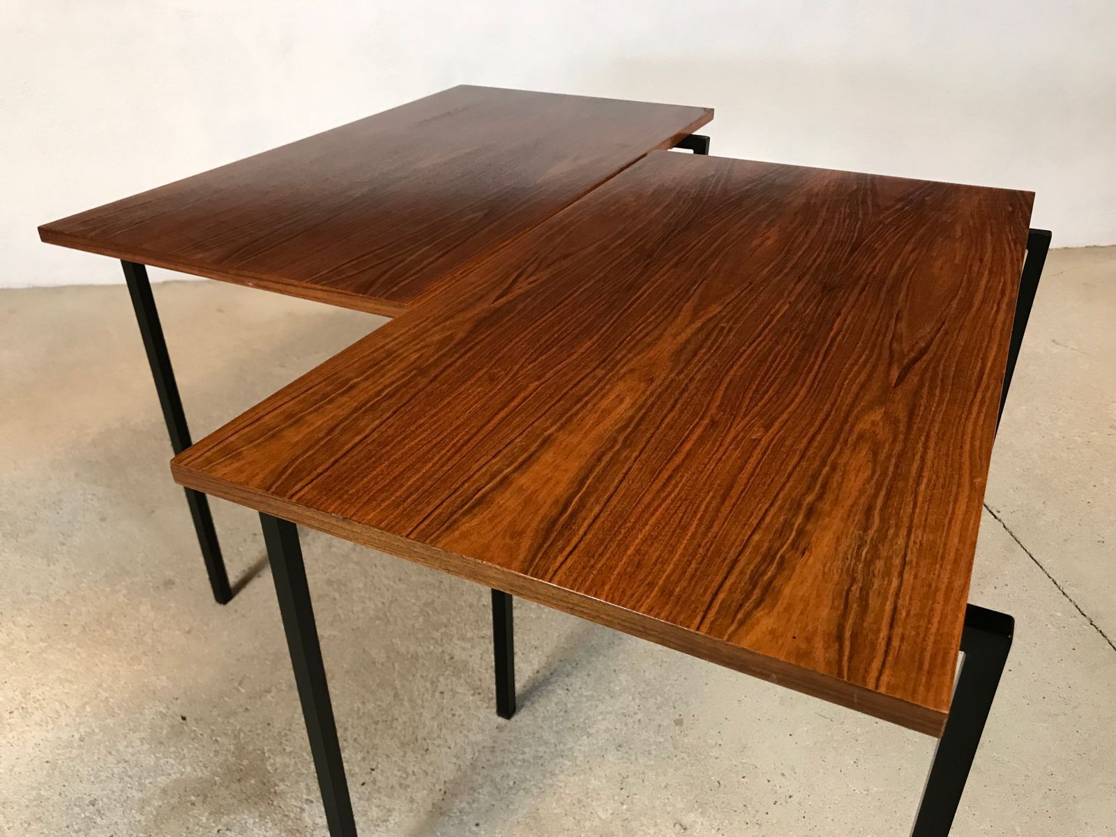 Minimalist walnut & steel stacking side tables, 1960s, Set of 2