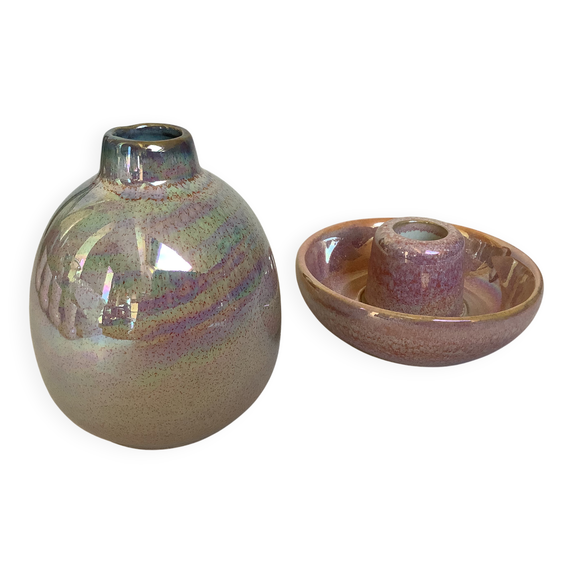 Bougeoir et petit vase multicolore irisé