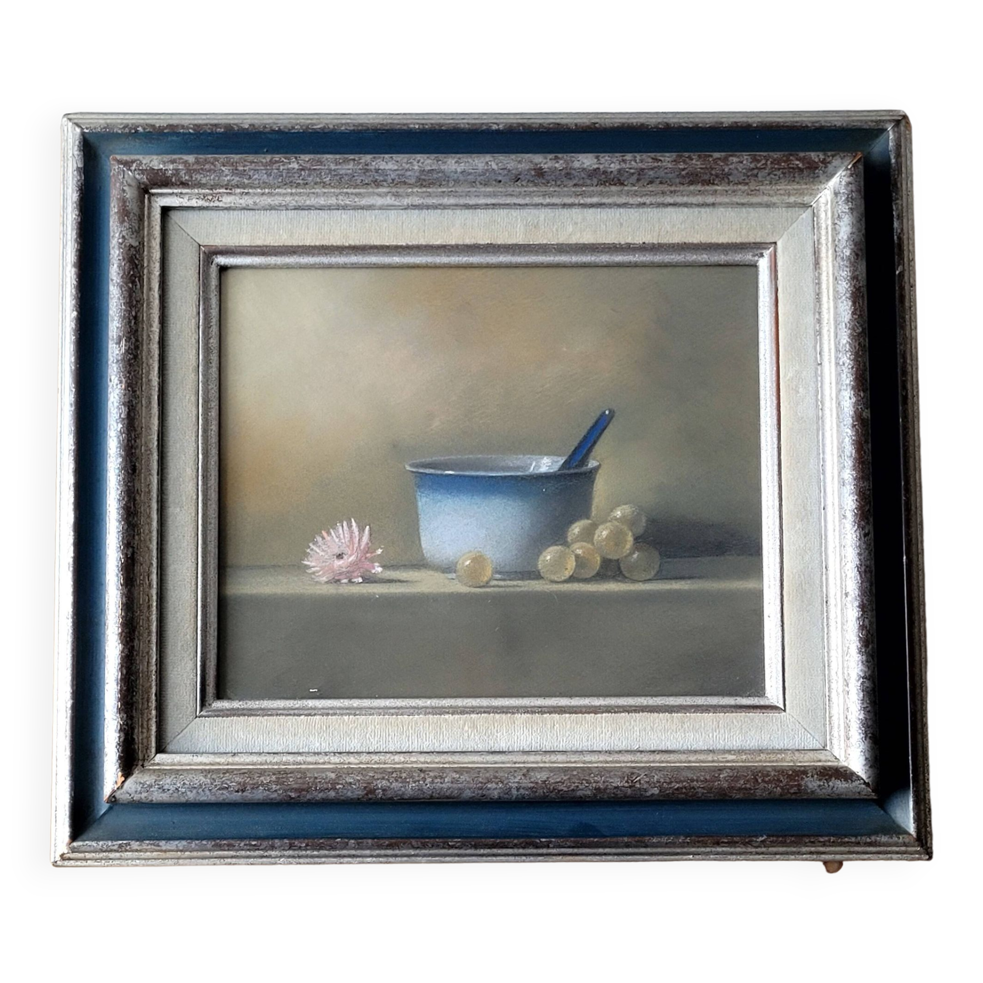Still life with pot, grapes and anemone