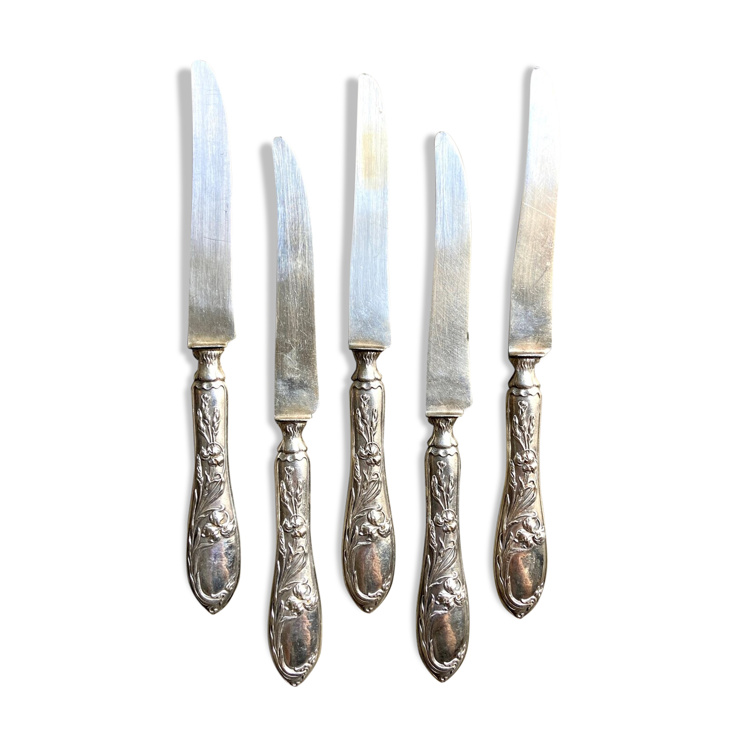 5 TG silver monogrammed dessert knives by Félix Malique, late nineteenth century