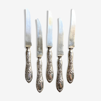 5 couteaux à dessert monogrammés TG en argent par Félix Malique, fin XIXème siècle