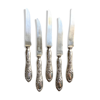 5 couteaux à dessert monogrammés TG en argent par Félix Malique, fin XIXème siècle