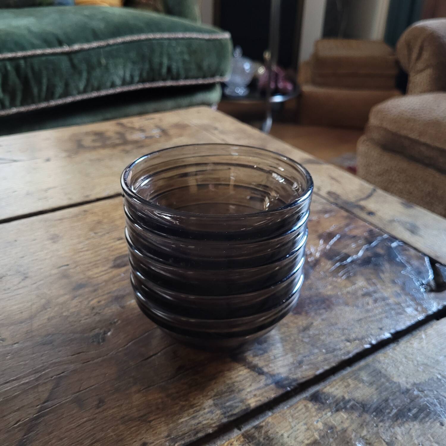 5 Arcoroc smoked bowls, stackable tempered glass, 1970s