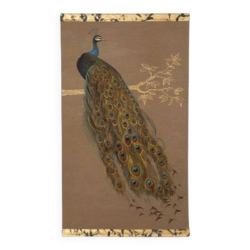 Canvas painted with a peacock design on a branch, contemporary work.