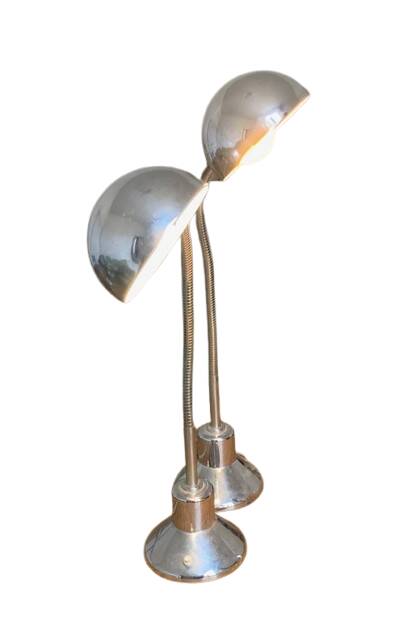 Pair of vintage chrome metal desk lamps with adjustable goosenecks.