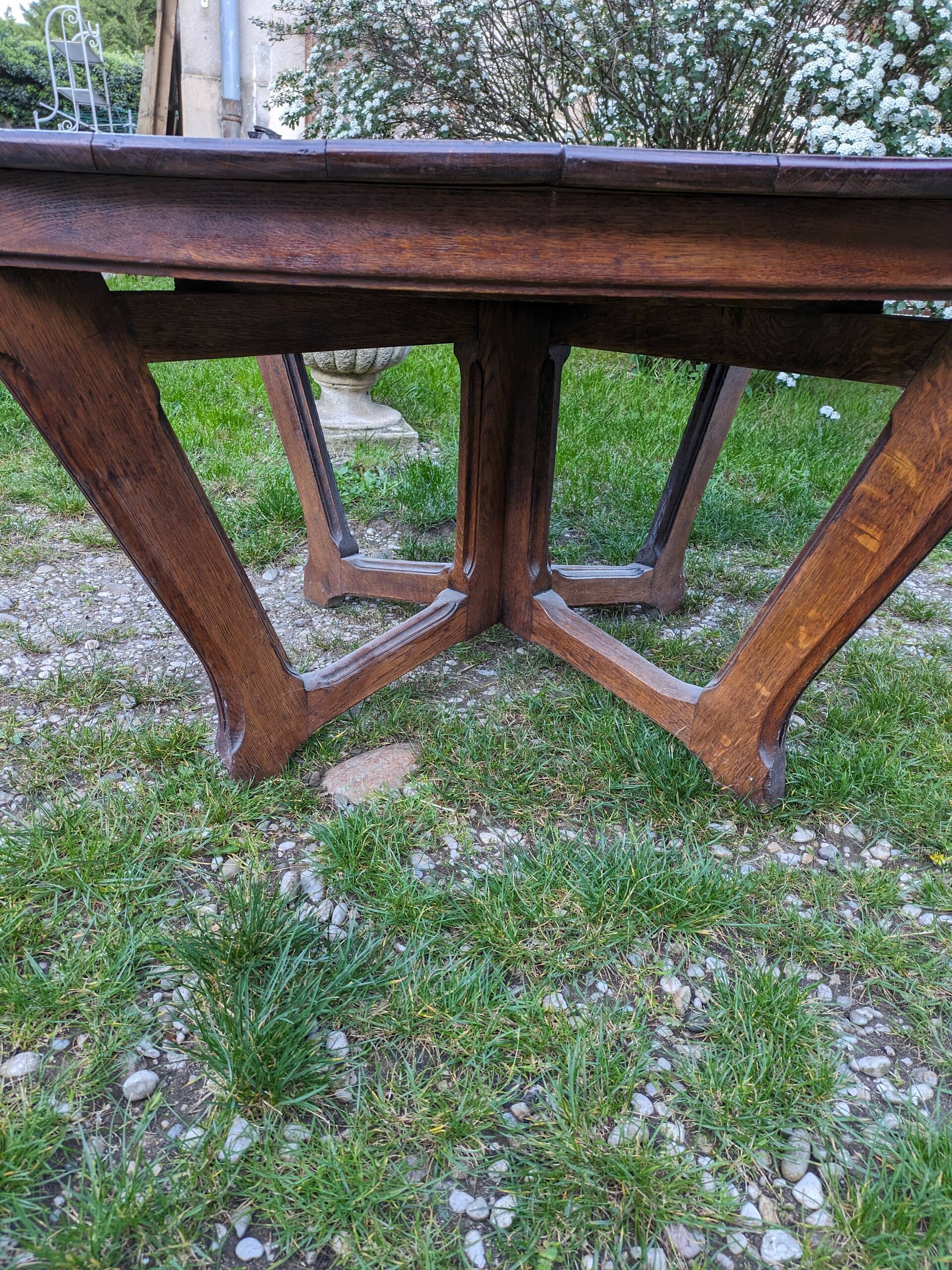 Antique Art Deco table with Eiffel-style legs in solid oak