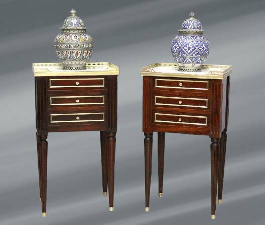 Pair of Mahogany Nightstands with White Carrara Marble in Louis XVI Style