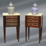 Pair of Mahogany Nightstands with White Carrara Marble in Louis XVI Style
