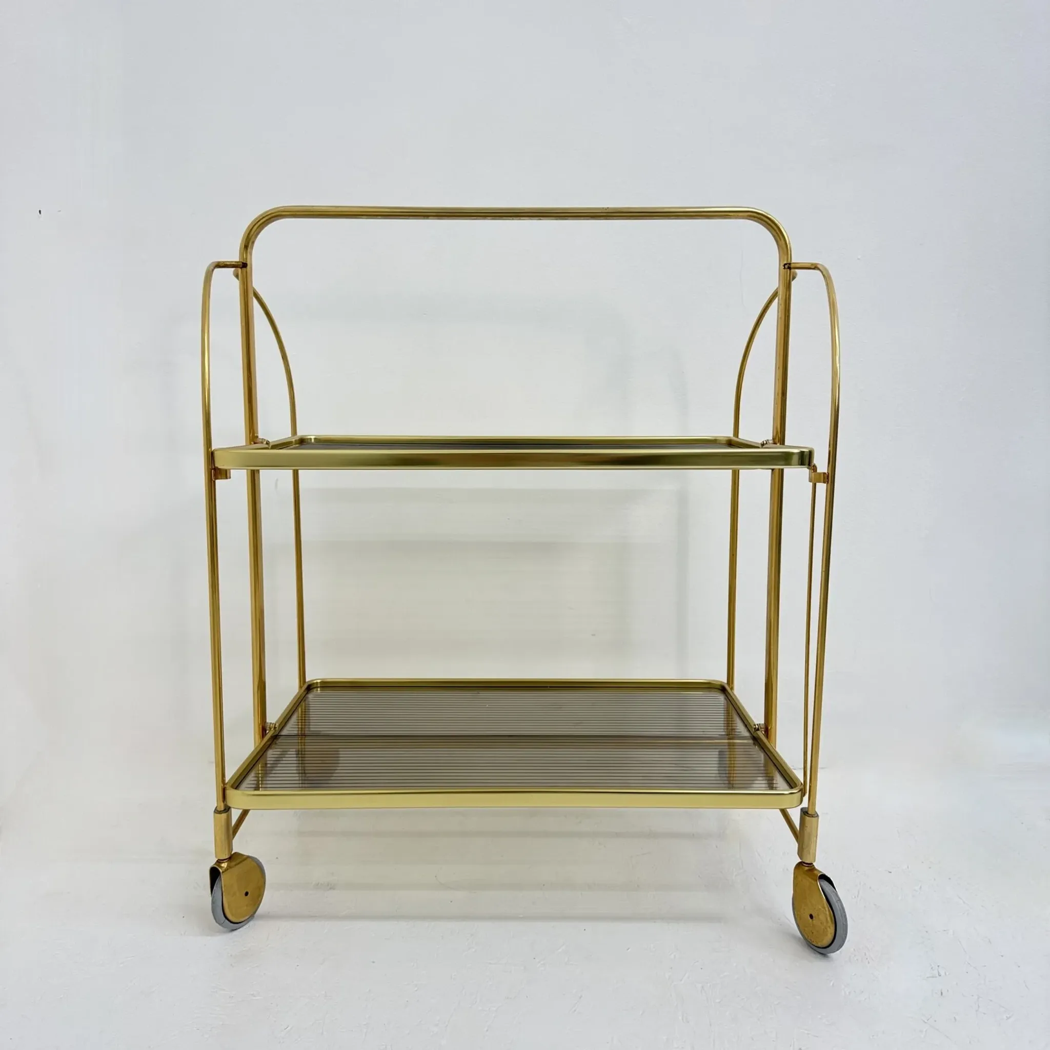 Mid-century modern folding bar cart in brass and ribbed acrylic glass, 1970s