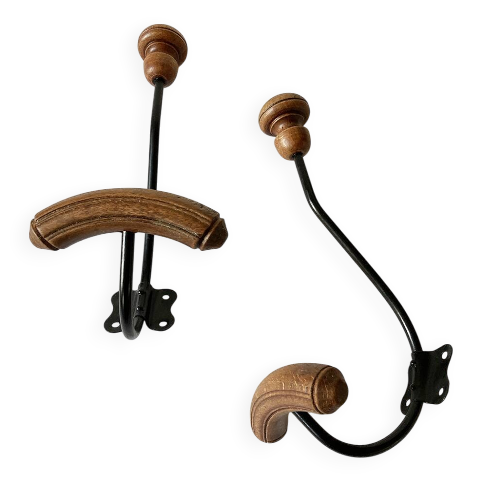Pair of antique wooden and metal coat hooks