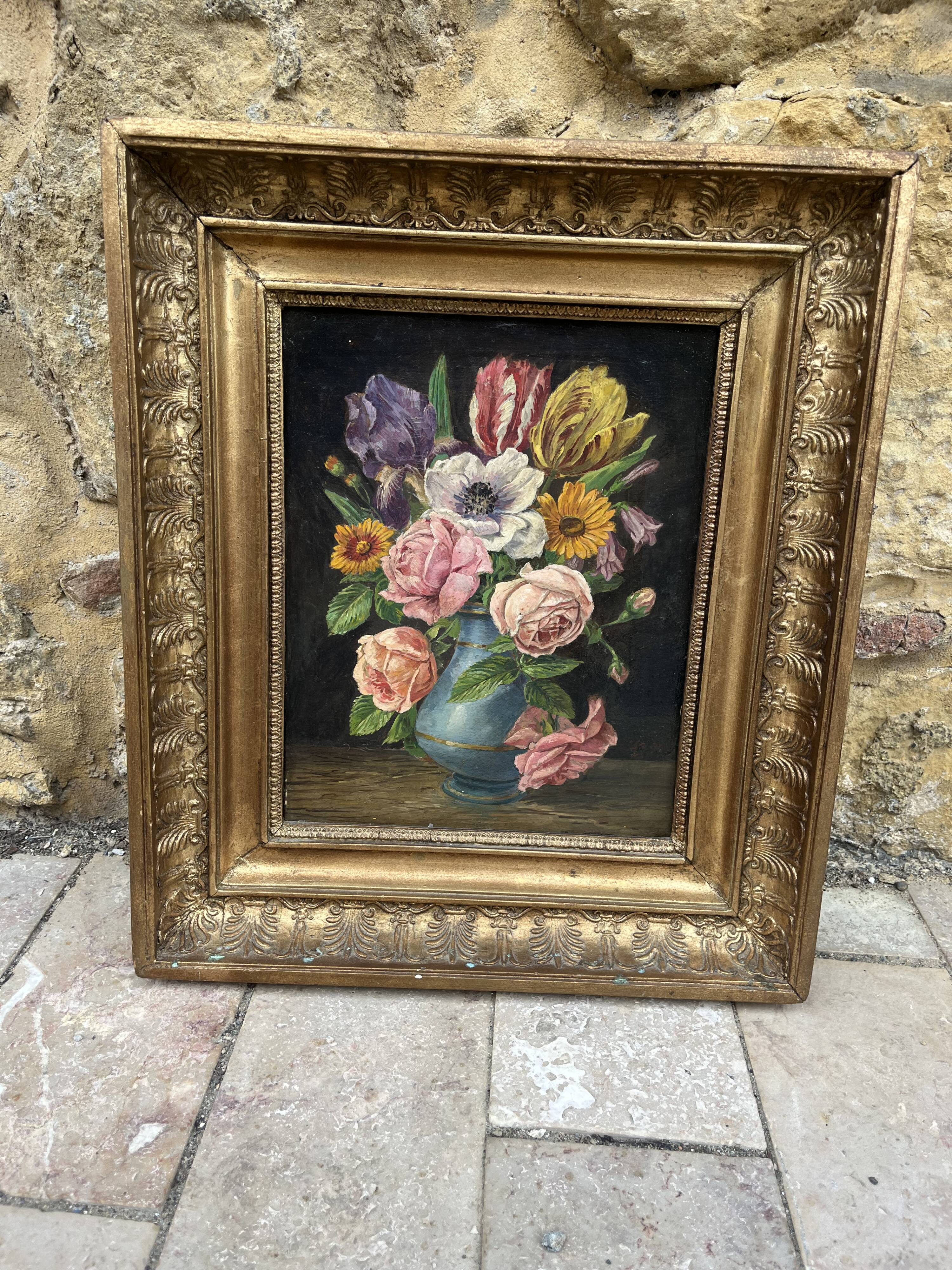 Old painting still life with flowers – oil on canvas – gilded frame