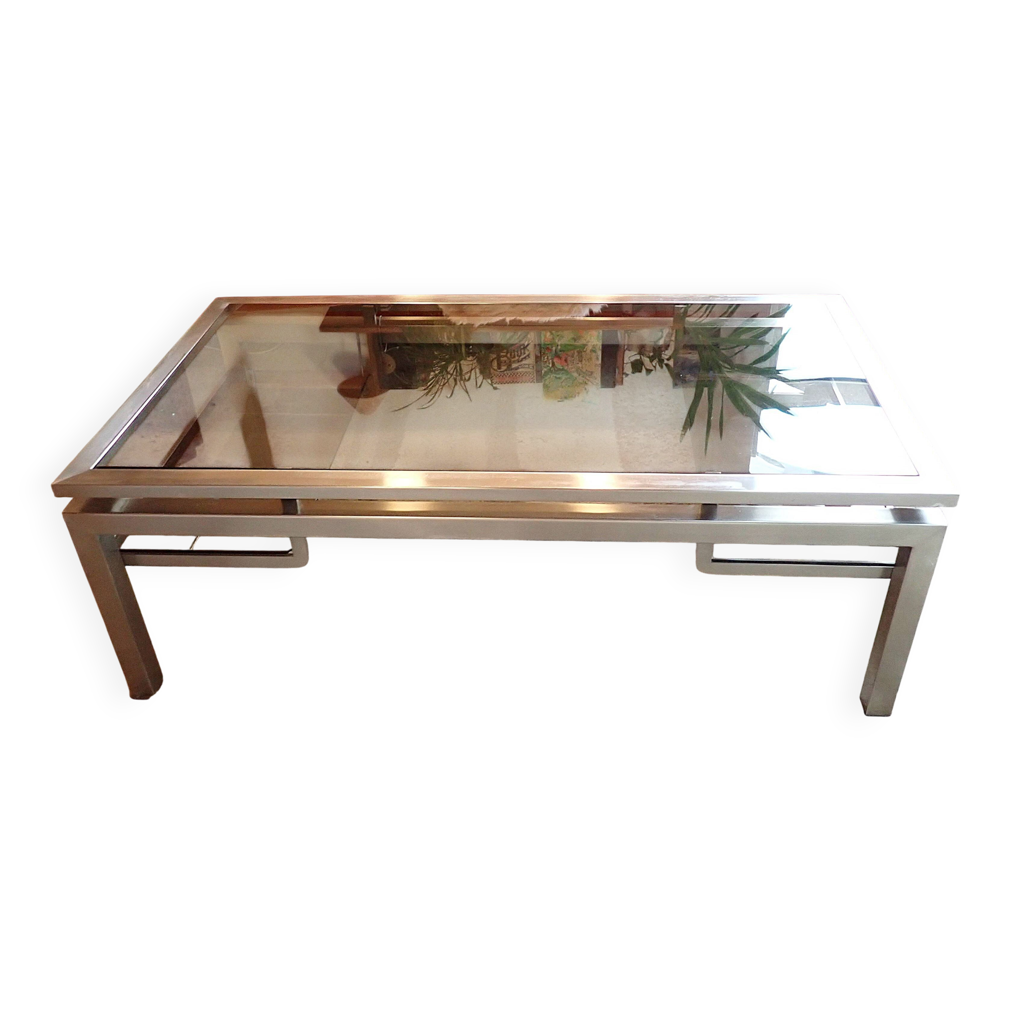 Brushed steel coffee table frame without glass - 1970s