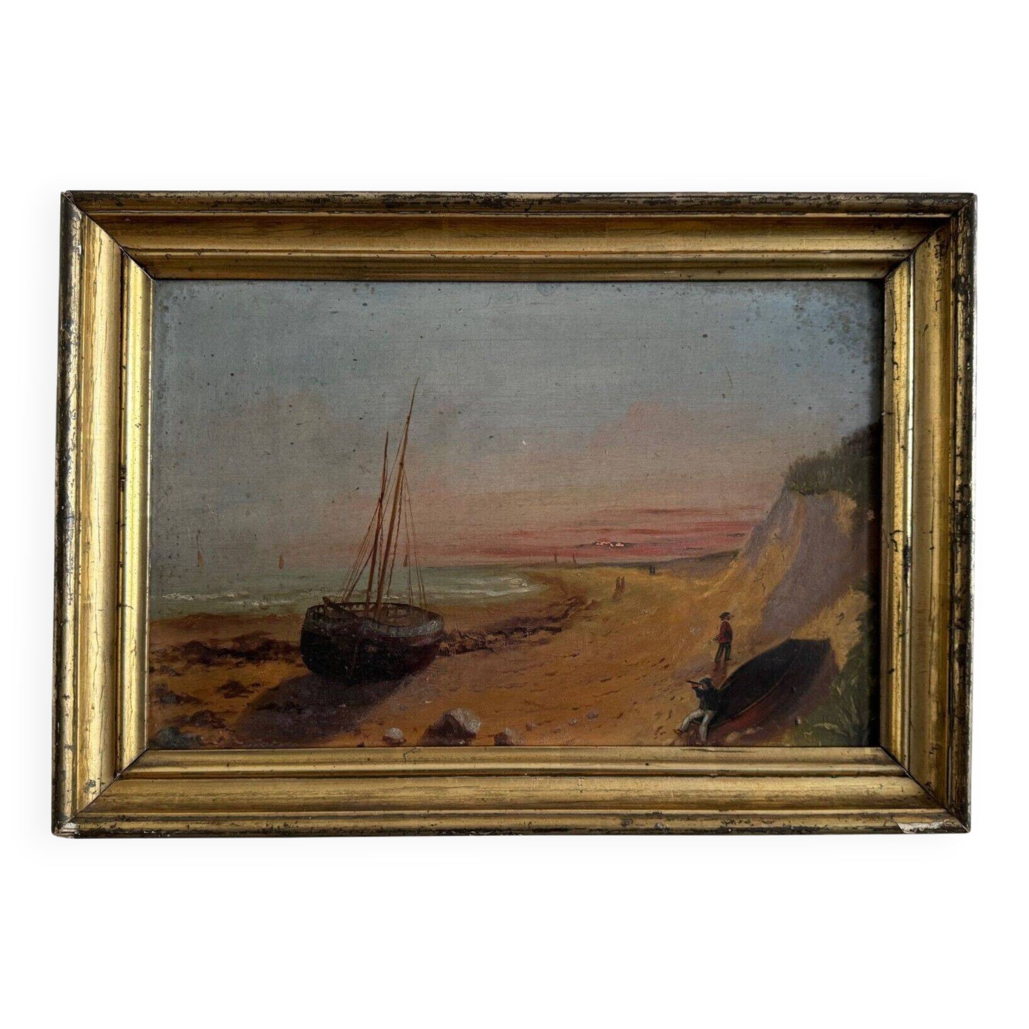 Oil on cardboard depicting a boat on a rocky coast