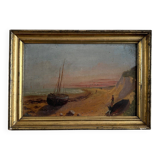 Oil on cardboard depicting a boat on a rocky coast