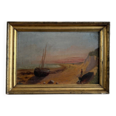 Oil on cardboard depicting a boat on a rocky coast