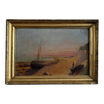 Oil on cardboard depicting a boat on a rocky coast