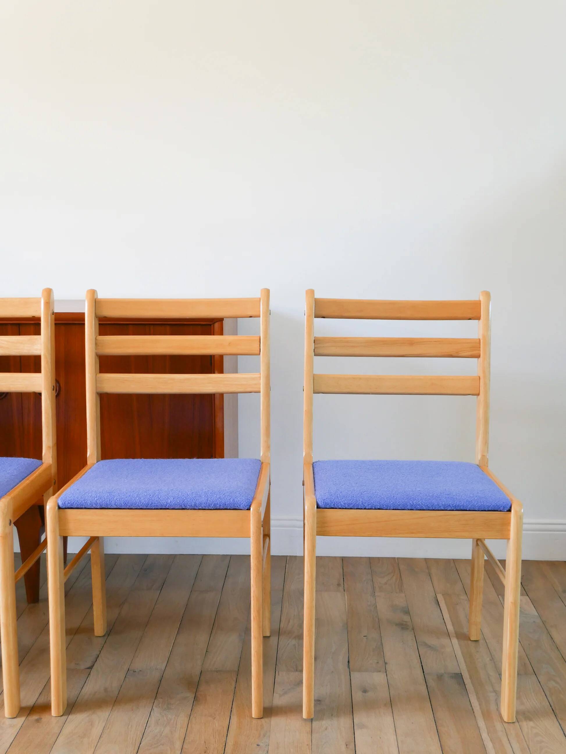 Set of 4 solid pine chairs, reupholstered in ocean blue wool, 1980.