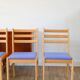 Set of 4 solid pine chairs, reupholstered in ocean blue wool, 1980.