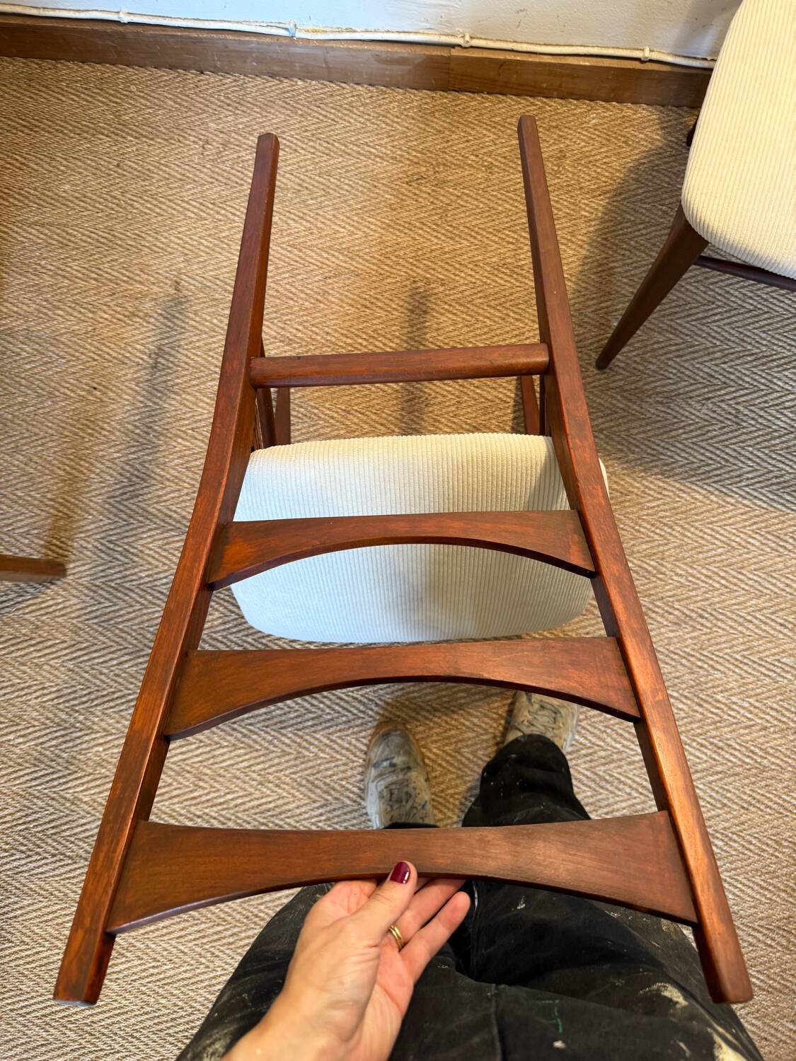 Pair of vintage wood and corduroy chairs