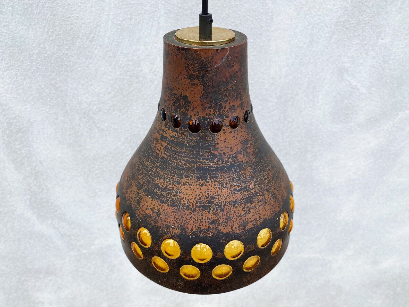 Mid Century caged glass & copper hanging lamp / pendant