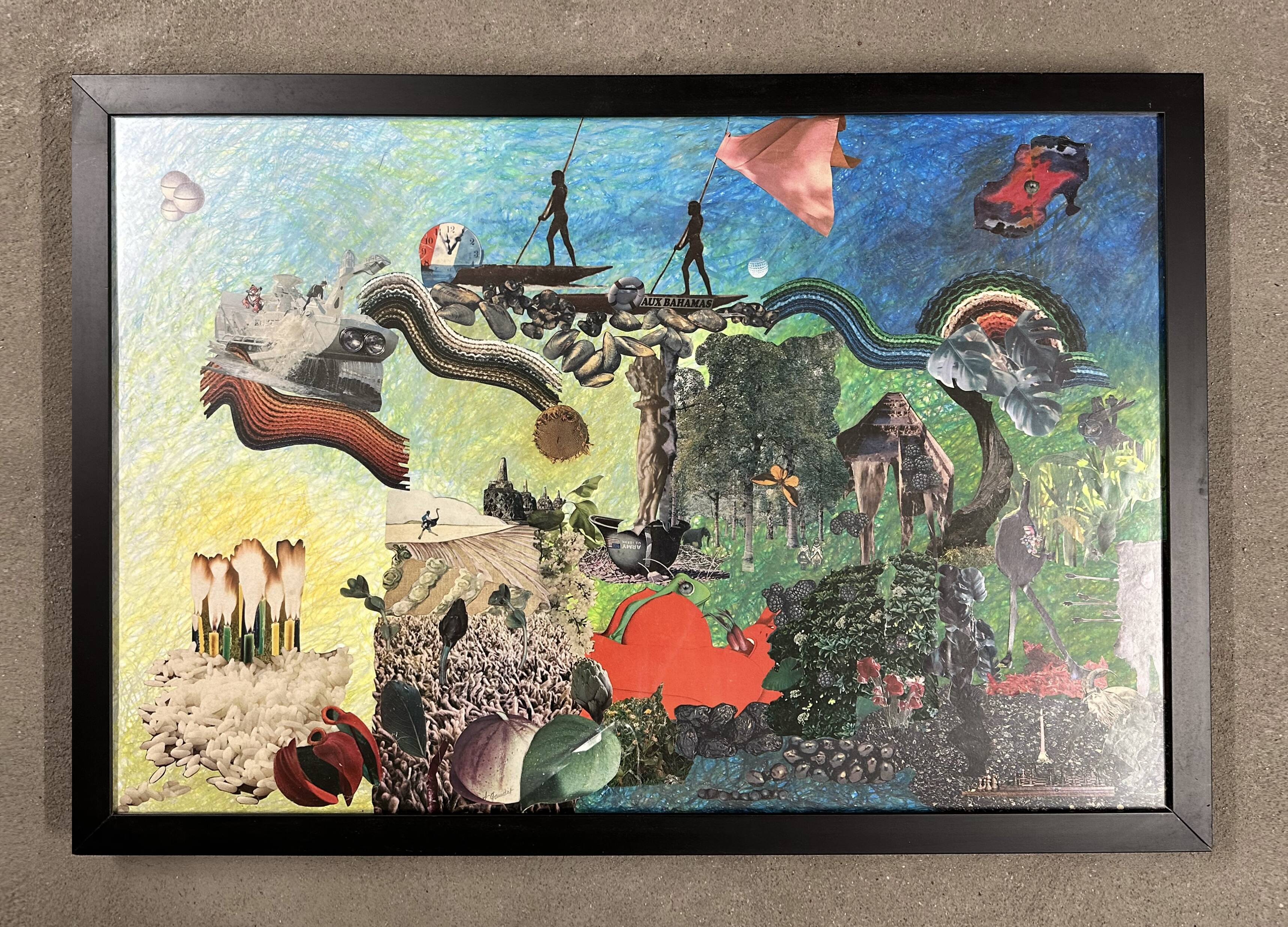 Very large framed surrealist collage by Alain Gaudet 1979