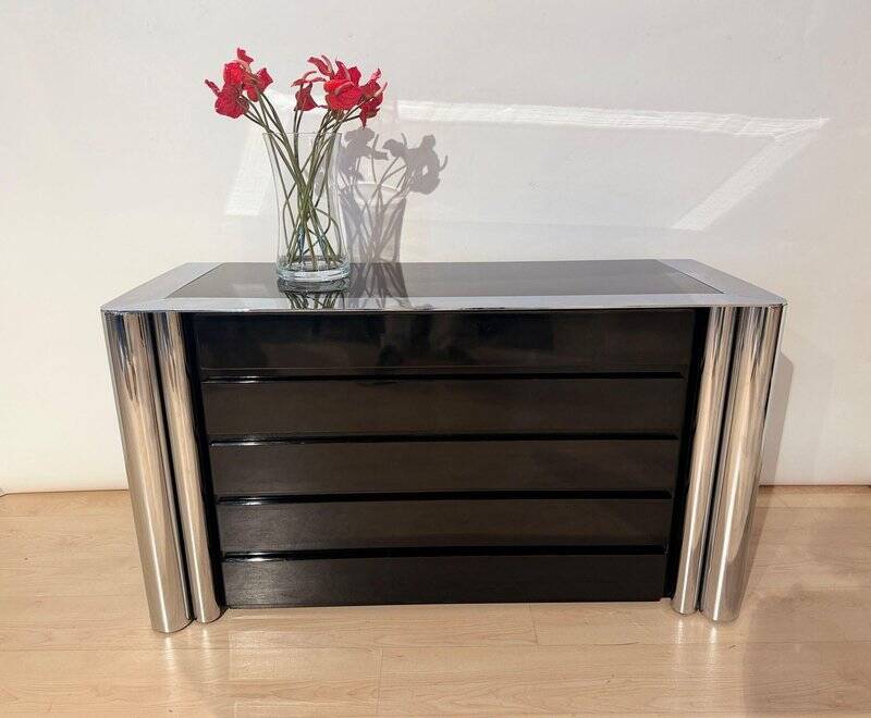 Commode laquée noire en chrome par A. Mosca pour Cinova, Italie, 1969