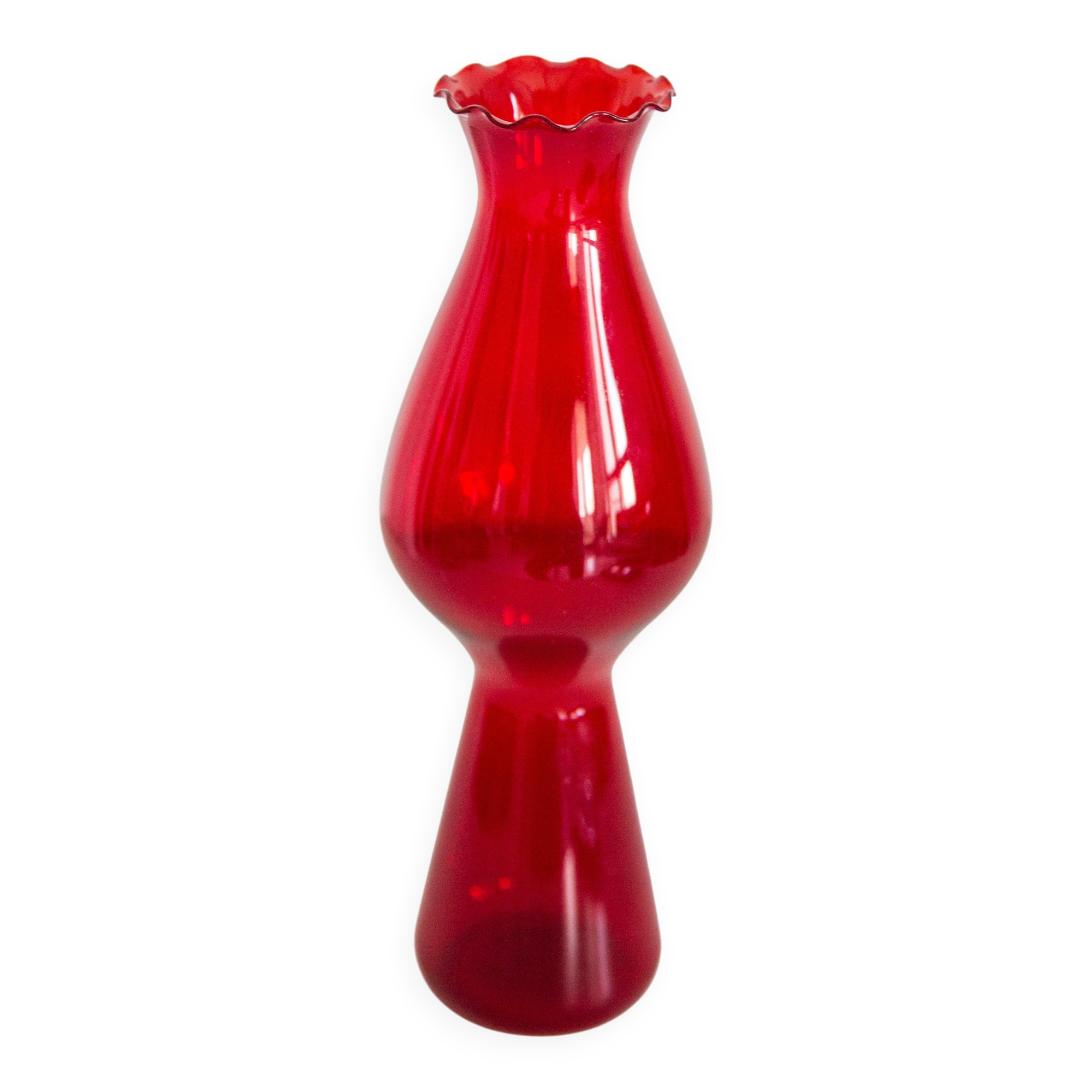 Thin red glass vase from the mid-century with a ruffle, Europe, 1960s