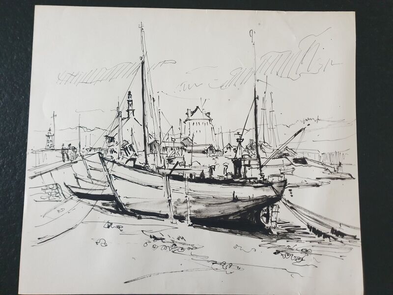 André Duculty (1912-1990) Ink on paper "Port de pêche" Monogrammed lower left