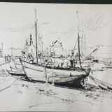 André Duculty (1912-1990) Ink on paper "Port de pêche" Monogrammed lower left