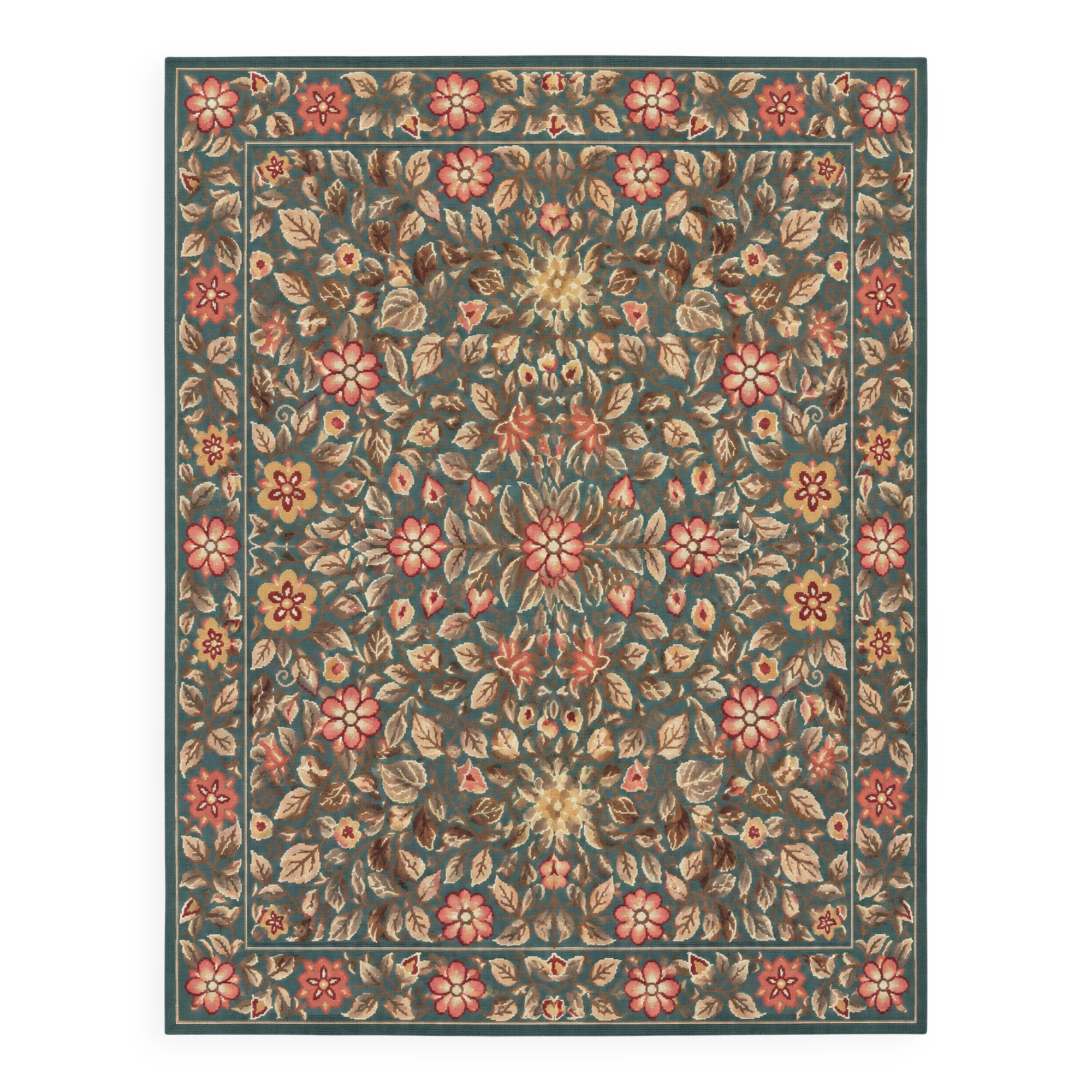 Large Floral Needlepoint Rug 217x277cm Teal Green Traditional Flatweave Carpet