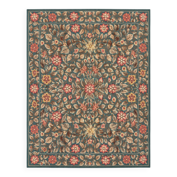 Large Floral Needlepoint Rug 217x277cm Teal Green Traditional Flatweave Carpet