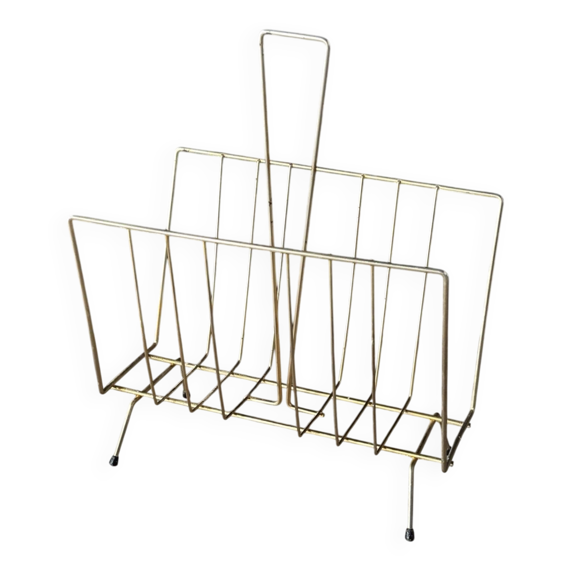 Mid-century magazine rack in golden metal wire