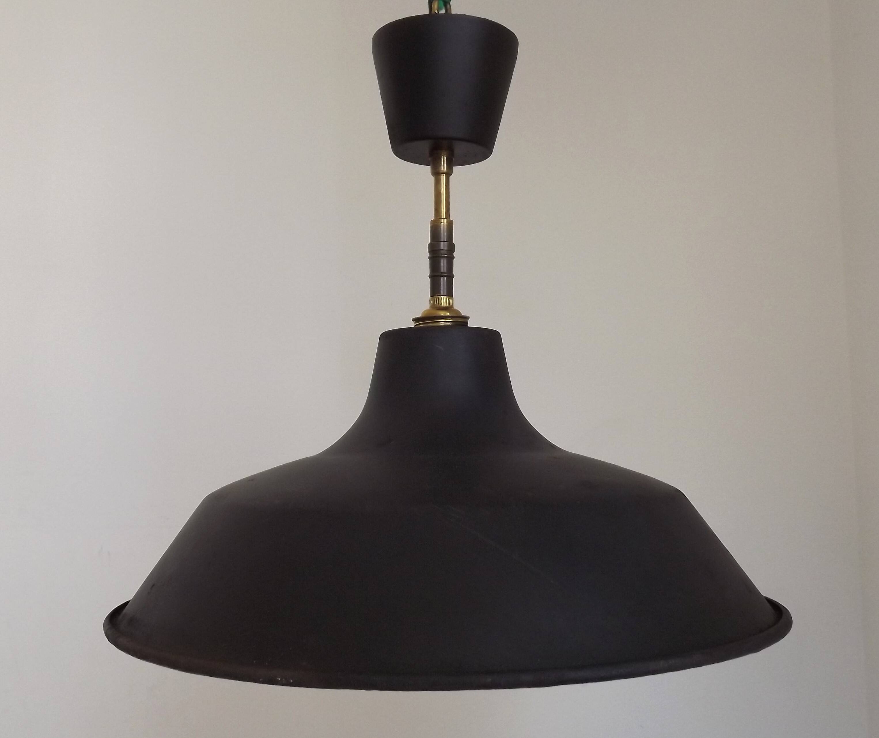 French Vintage 1950s Industrial Light In Black Metal White Enamal & Brass