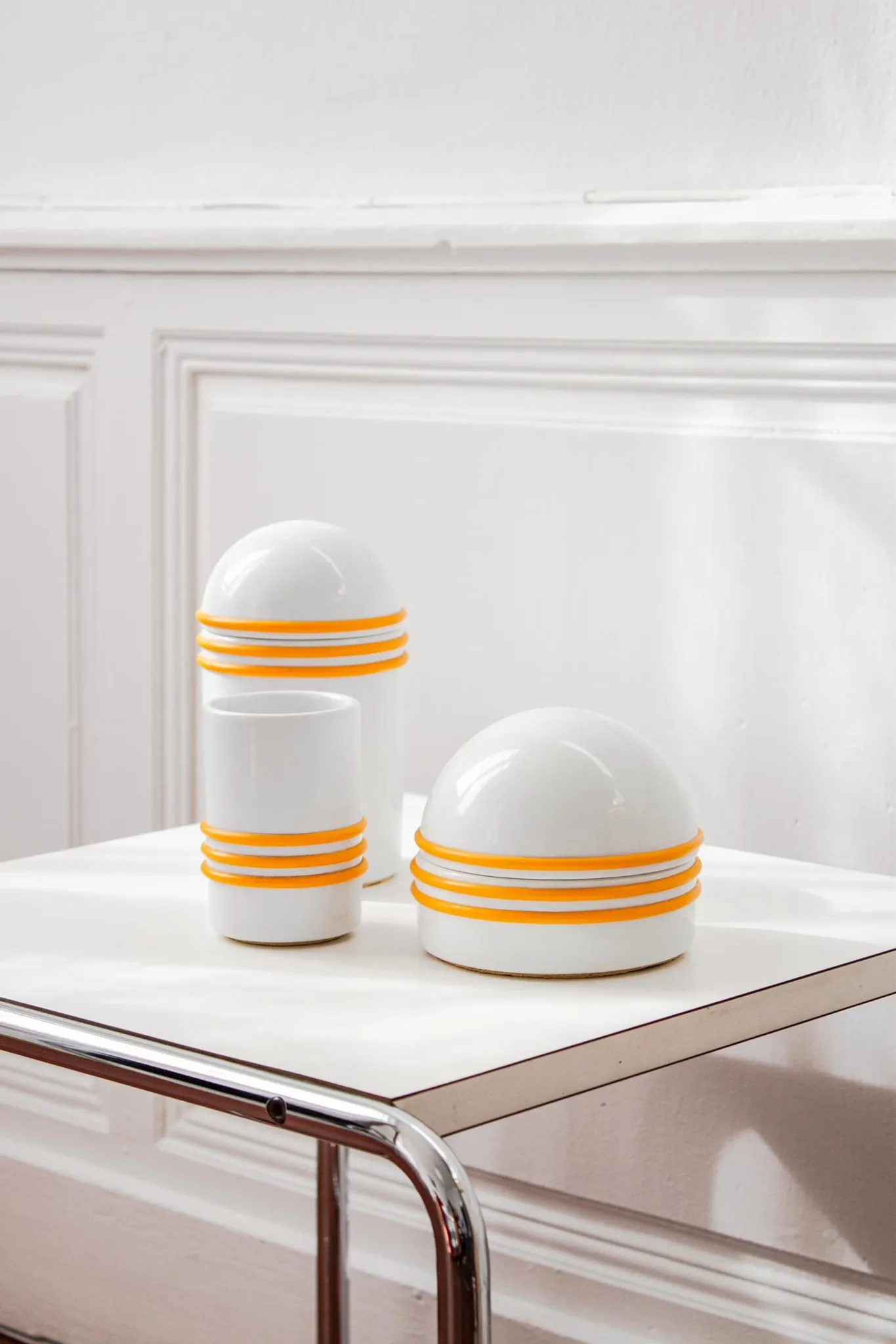 Set of vintage boxes for the bathroom, space age design, faience.